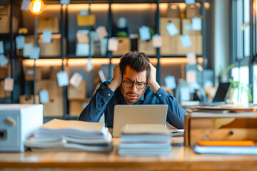 Man working in office, young business man stressed or tired from work overload with lots of files on desk
