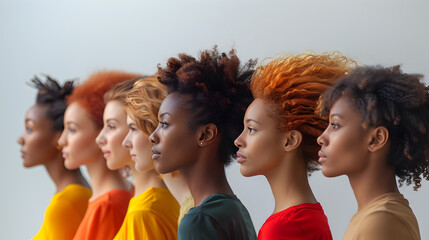 Line of Colorful Women in Vibrant Styles, To provide a visually striking and meaningful image for use in a variety of contexts, such as advertising,