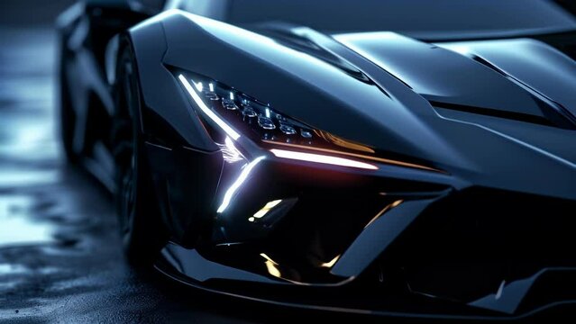 The camera focuses on the sharp aggressive angles of a sports cars headlights highlighting their design for maximum downforce and control at high speeds.