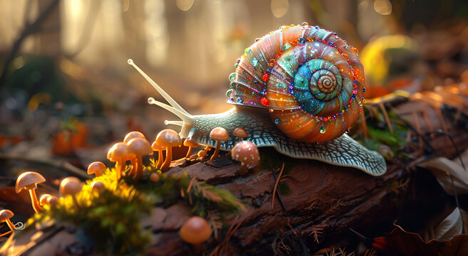 A snail with a brightly colored body and a spiral shell covered in crystals. Moving across rotting logs with mushrooms growing along with green moss and dead leaves. Forest background with sunlight in