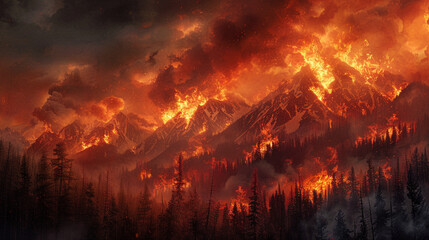 Naklejka premium The mountainside forest ignites with the fury of wildfire.