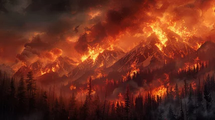 Fotobehang The mountainside forest ignites with the fury of wildfire. © djmaxx24