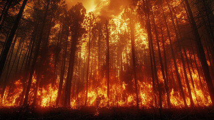 Wildfire Engulfing Forest in Flames at Dusk