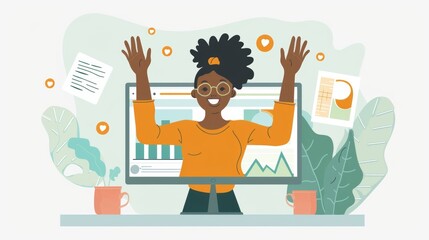 A business owner excitedly checks the realtime social media analytics dashboard celebrating a spike in website traffic and sales after launching a successful social media