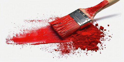 Red splattered paint brush on transparent background, isolated artistic tool with colorful drips and stains, creative design element png download