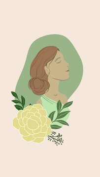Young beautiful woman spring vertical cartoon movie summer flowers flat illustration female mother's day portrait chrysanthemum bouquet