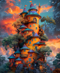 A whimsical art paint of a castle perched on a hill amidst a lush natural landscape. Surrounded by trees, the castle stands out against the backdrop of the sky and geological phenomenon - obrazy, fototapety, plakaty
