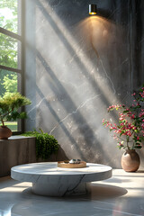 Sunlit Coffee Table in Naturalistic Style, To offer a visually appealing and calming representation of an indoor living space with natural elements,