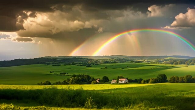 A vibrant rainbow arcs across a lush green field under a clear blue sky after a summer storm