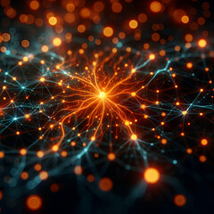 Fototapeta premium Complex Mesmerizing Orange Intricacies Glowing On Black Neural Links Network, Orange Spots & Neon Blue Webbing. Bokeh. Artificial Intelligence Brain Function Nerve Cells Neuron Activity & Connections