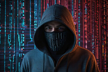 Cybercriminal disguised amidst digitally enhanced backdrop, hacking in secrecy. Conceptual image of...