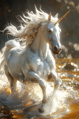 White Unicorn Running Through Sparkling Water in Style