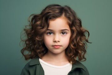 portrait of cute little girl with curly hair looking at camera, isolated on green