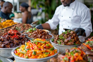 Obraz premium Professional Chef Garnishing Exotic Dishes at Buffet in Outdoor Setting with Selective Focus
