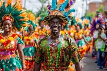 Vibrant Caribbean Carnival Parade with Joyful Dancers in Colorful Costumes and Festive Atmosphere