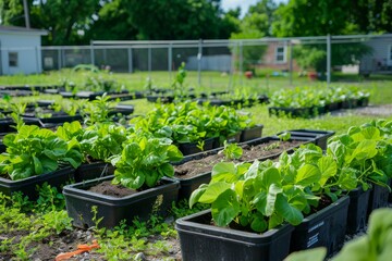 Fresh Organic Vegetables Growing in Black Plastic Containers at a Community Urban Garden in Bright Daylight