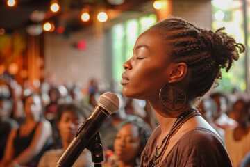 African American Female Singer Performing with Microphone in a Vibrant Music Venue