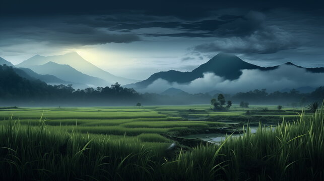 beautiful view of rice field landscape at the morning with thic fog wallpaper and background