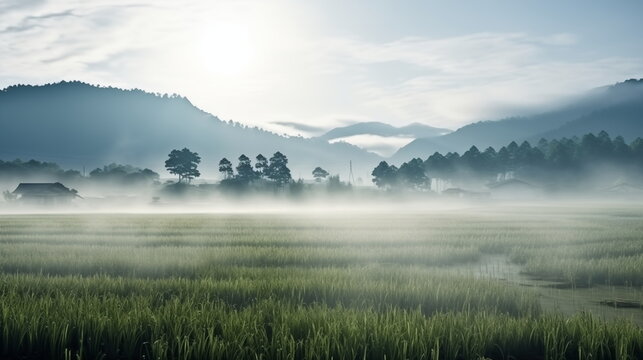 beautiful view of rice field landscape at the morning with thic fog wallpaper and background
