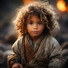 Soulful Portrait of a Young Boy with Curly Hair in Natural Light: A Glimpse of Innocent Serenity