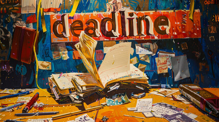 Chaotic Workspace with Deadline Theme: Creative Stress and Time Pressure Concept in Vivid Colors, text "deadline" 