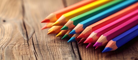 Pastel color pencils on a wooden desk convey an open house message for education or school purposes.