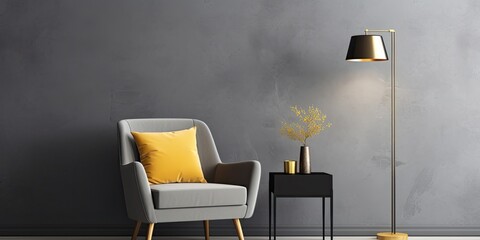 Minimalistic sitting room with stylish retro interior, featuring a design chair, gold lamp, small table with vase, and black mock-up frame, captured in a real photo on a gray background wall.