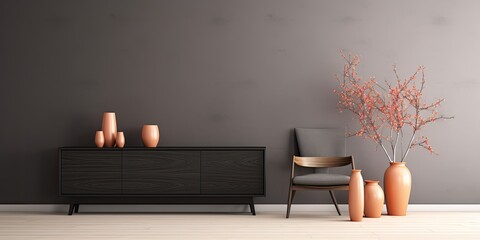 Minimalist living room with black commode, dried flower vase, wall decoration, and stylish personal accessories. Home decor template.