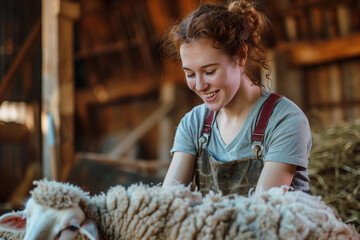 Sheep farmer, young woman happy to shear a sheep inside a barn in the countryside with a smile and...