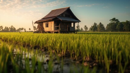 Rice fields in the countryside at sunset with wooden houses - Powered by Adobe