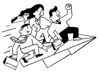 Business teamwork flying high together on paper plane, going in the same direction and thier goal. Outline, thin line art, hand drawn sketch design, ink style.  