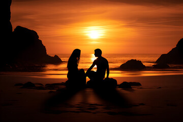 Silhouettes of A Loving Couple Embracing Under an Enchanting Sunset on a Serene Beach 