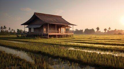 Obraz na płótnie Canvas Rice fields in the countryside at sunset with wooden houses