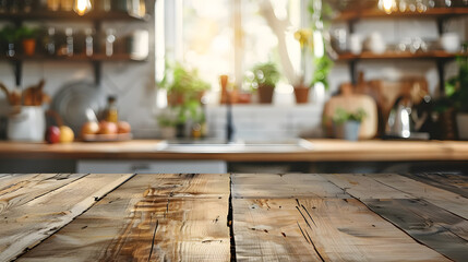 Wooden table in foreground, kitchen in background, interior design - obrazy, fototapety, plakaty
