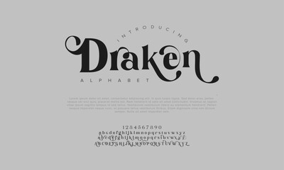 Draken premium luxury elegant alphabet letters and numbers. Vintage wedding typography classic serif font decorative vintage retro. Creative vector illustration