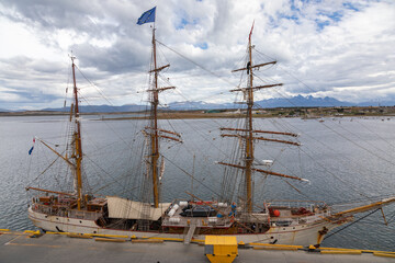 Vintage 3 Masted Schooner at the Dock in Ushuaia, Argentina, City at the End of the World, Preparing for Cruise to Antarctica - 753341127