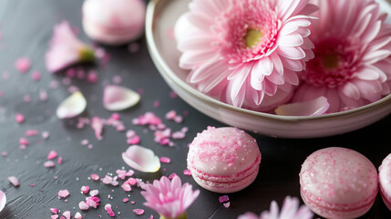 Obraz na płótnie Canvas Pink Macarons and Gerbera Flowers