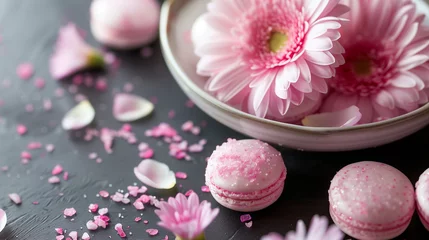 Keuken spatwand met foto Pink Macarons and Gerbera Flowers © TY