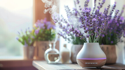 A diffuser releasing a fine mist of calming lavender essential oil creating an atmosphere of...