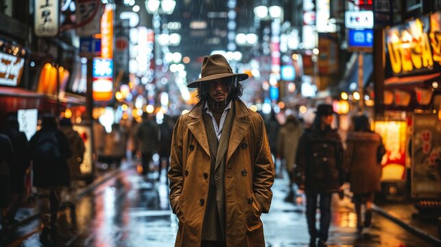 Mysterious Figure in Trench Coat on Rainy Night in Neon-Lit City