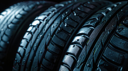 Car tires on black background , an illustrative concept for auto parts business and car repair shop