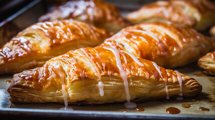 Freshly baked croissants with a sweet glaze on a baking sheet. - obrazy, fototapety, plakaty