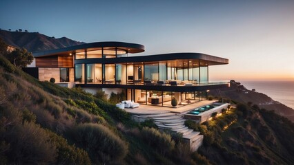 Stunning modern villa nestled in the hills of Malibu, California, offering breathtaking views of...