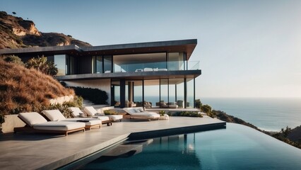 Obraz premium Stunning modern villa nestled in the hills of Malibu, California, offering breathtaking views of the Pacific Ocean
