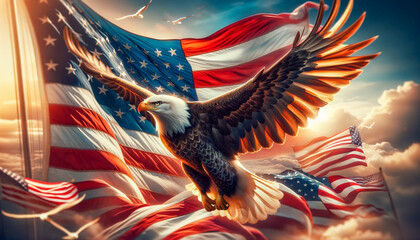 A powerful eagle soaring in front of the American flag with a dynamic, cloud-filled sky in the backdrop, encapsulating the spirit of the 4th of July.