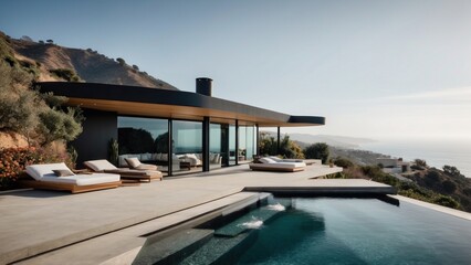Fototapeta premium Stunning modern villa nestled in the hills of Malibu, California, offering breathtaking views of the Pacific Ocean