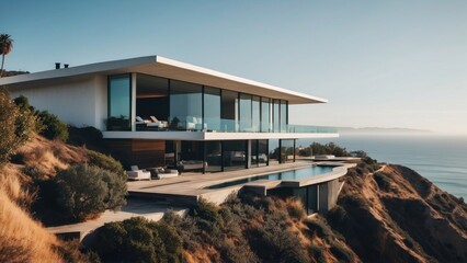 Fototapeta premium Stunning modern villa nestled in the hills of Malibu, California, offering breathtaking views of the Pacific Ocean