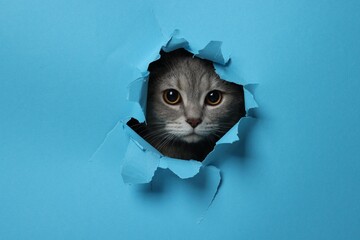 Cute grey cat peeking out hole in light blue paper - obrazy, fototapety, plakaty