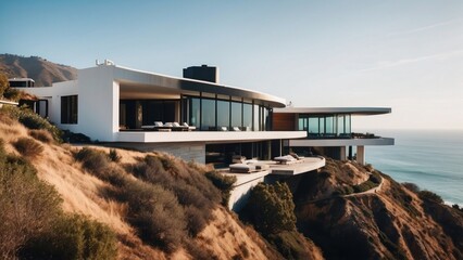 Fototapeta na wymiar Stunning modern villa nestled in the hills of Malibu, California, offering breathtaking views of the Pacific Ocean