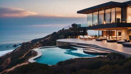 Stunning modern villa nestled in the hills of Malibu, California, offering breathtaking views of...